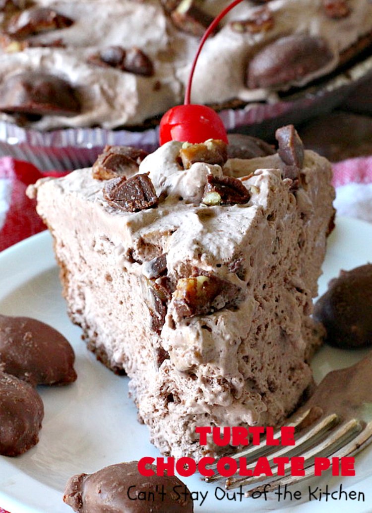 Turtle Chocolate Pie | Can't Stay Out of the Kitchen | this fantastic 5 ingredient #pie is made with #TurtlesCandies! It's outrageously delicious & so perfect for company or #holiday dinners. #chocolate #holiday #ChocolatePie #dessert #ChocolateDessert #HolidayDessert #5IngredientRecipe #TurtleCandy #TurtleChocolatePie #caramel #pecans