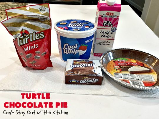 Turtle Chocolate Pie | Can't Stay Out of the Kitchen | this fantastic 5 ingredient #pie is made with #TurtlesCandies! It's outrageously delicious & so perfect for company or #holiday dinners. #chocolate #holiday #ChocolatePie #dessert #ChocolateDessert #HolidayDessert #5IngredientRecipe #TurtleCandy #TurtleChocolatePie #caramel #pecans