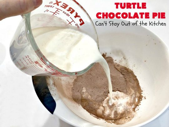 Turtle Chocolate Pie | Can't Stay Out of the Kitchen | this fantastic 5 ingredient #pie is made with #TurtlesCandies! It's outrageously delicious & so perfect for company or #holiday dinners. #chocolate #holiday #ChocolatePie #dessert #ChocolateDessert #HolidayDessert #5IngredientRecipe #TurtleCandy #TurtleChocolatePie #caramel #pecans