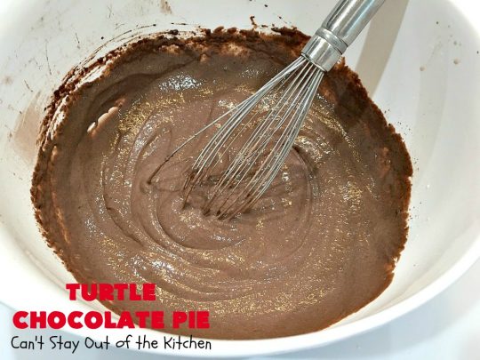 Turtle Chocolate Pie | Can't Stay Out of the Kitchen | this fantastic 5 ingredient #pie is made with #TurtlesCandies! It's outrageously delicious & so perfect for company or #holiday dinners. #chocolate #holiday #ChocolatePie #dessert #ChocolateDessert #HolidayDessert #5IngredientRecipe #TurtleCandy #TurtleChocolatePie #caramel #pecans