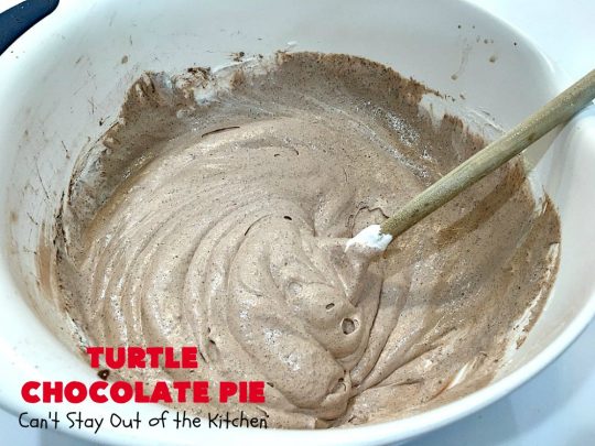 Turtle Chocolate Pie | Can't Stay Out of the Kitchen | this fantastic 5 ingredient #pie is made with #TurtlesCandies! It's outrageously delicious & so perfect for company or #holiday dinners. #chocolate #holiday #ChocolatePie #dessert #ChocolateDessert #HolidayDessert #5IngredientRecipe #TurtleCandy #TurtleChocolatePie #caramel #pecans