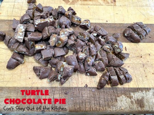 Turtle Chocolate Pie | Can't Stay Out of the Kitchen | this fantastic 5 ingredient #pie is made with #TurtlesCandies! It's outrageously delicious & so perfect for company or #holiday dinners. #chocolate #holiday #ChocolatePie #dessert #ChocolateDessert #HolidayDessert #5IngredientRecipe #TurtleCandy #TurtleChocolatePie #caramel #pecans