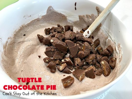 Turtle Chocolate Pie | Can't Stay Out of the Kitchen | this fantastic 5 ingredient #pie is made with #TurtlesCandies! It's outrageously delicious & so perfect for company or #holiday dinners. #chocolate #holiday #ChocolatePie #dessert #ChocolateDessert #HolidayDessert #5IngredientRecipe #TurtleCandy #TurtleChocolatePie #caramel #pecans