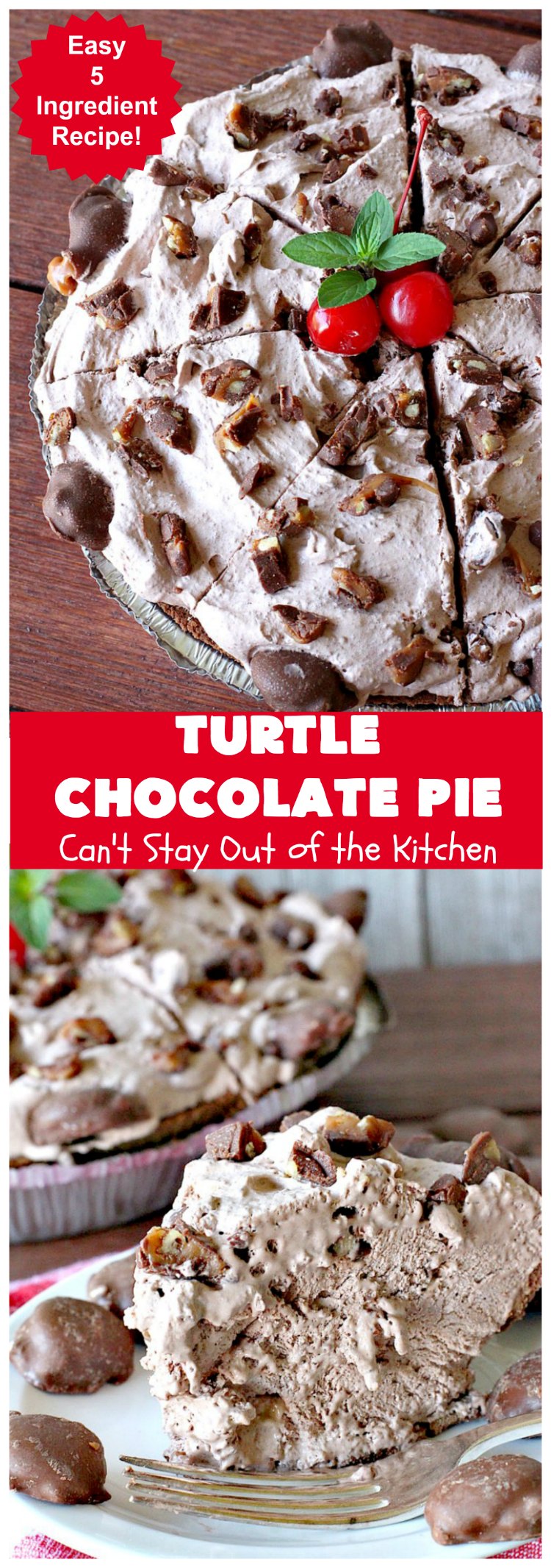 Turtle Chocolate Pie | Can't Stay Out of the Kitchen | this fantastic 5 ingredient #pie is made with #TurtlesCandies! It's outrageously delicious & so perfect for company or #holiday dinners. #chocolate #holiday #ChocolatePie #dessert #ChocolateDessert #HolidayDessert #5IngredientRecipe #TurtleCandy #TurtleChocolatePie #caramel #pecans