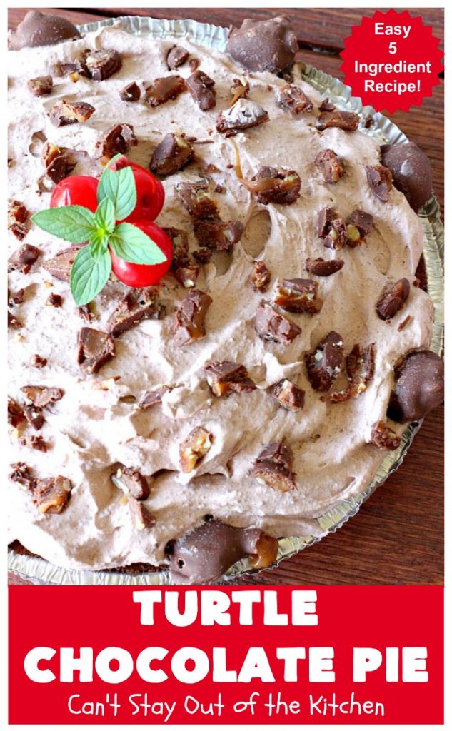 Turtle Chocolate Pie | Can't Stay Out of the Kitchen | this fantastic 5 ingredient #pie is made with #TurtlesCandies! It's outrageously delicious & so perfect for company or #holiday dinners. #chocolate #holiday #ChocolatePie #dessert #ChocolateDessert #HolidayDessert #5IngredientRecipe #TurtleCandy #TurtleChocolatePie #caramel #pecans