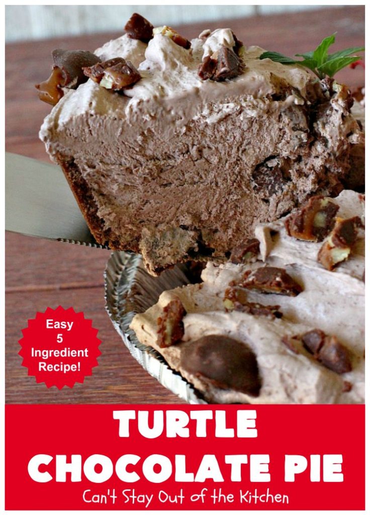 Turtle Chocolate Pie | Can't Stay Out of the Kitchen | this fantastic 5 ingredient #pie is made with #TurtlesCandies! It's outrageously delicious & so perfect for company or #holiday dinners. #chocolate #holiday #ChocolatePie #dessert #ChocolateDessert #HolidayDessert #5IngredientRecipe #TurtleCandy #TurtleChocolatePie #caramel #pecans