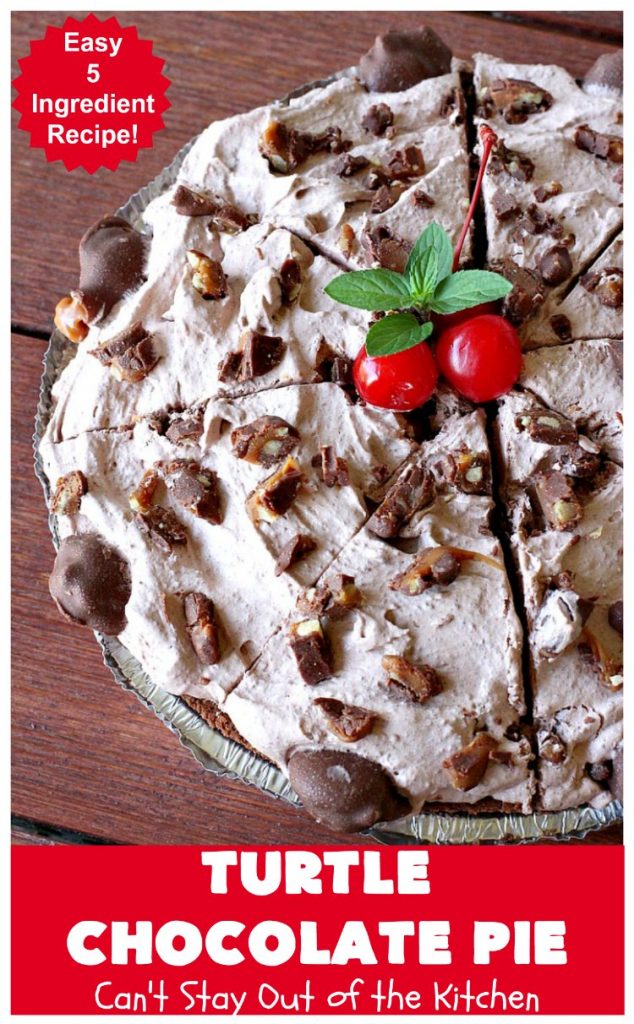 Turtle Chocolate Pie | Can't Stay Out of the Kitchen | this fantastic 5 ingredient #pie is made with #TurtlesCandies! It's outrageously delicious & so perfect for company or #holiday dinners. #chocolate #holiday #ChocolatePie #dessert #ChocolateDessert #HolidayDessert #5IngredientRecipe #TurtleCandy #TurtleChocolatePie #caramel #pecans