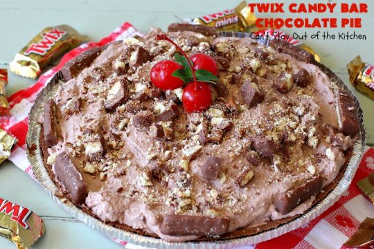 Twix Candy Bar Chocolate Pie | Can't Stay Out of the Kitchen | this luscious #ChocolatePie will rock your world! It uses only 5 ingredients including #TwixCandyBars! Amazing #dessert for #holidays or company. #pie #TwixCandyBarChocolatePie