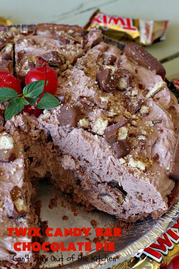 Twix Candy Bar Chocolate Pie | Can't Stay Out of the Kitchen | this luscious #ChocolatePie will rock your world! It uses only 5 ingredients including #TwixCandyBars! Amazing #dessert for #holidays or company. #pie #TwixCandyBarChocolatePie