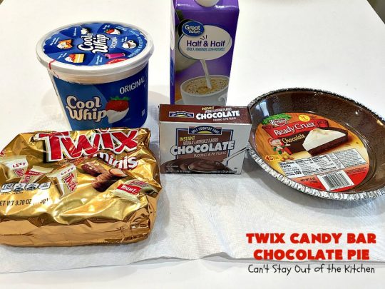 Twix Candy Bar Chocolate Pie | Can't Stay Out of the Kitchen | this luscious #ChocolatePie will rock your world! It uses only 5 ingredients including #TwixCandyBars! Amazing #dessert for #holidays or company. #pie #TwixCandyBarChocolatePie