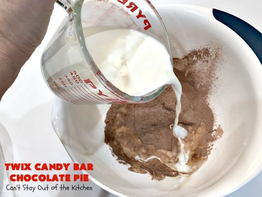 Twix Candy Bar Chocolate Pie | Can't Stay Out of the Kitchen | this luscious #ChocolatePie will rock your world! It uses only 5 ingredients including #TwixCandyBars! Amazing #dessert for #holidays or company. #pie #TwixCandyBarChocolatePie