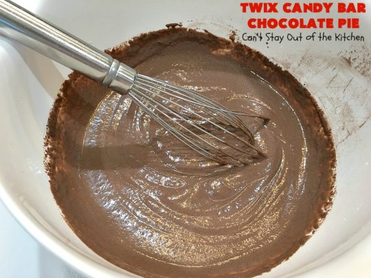 Twix Candy Bar Chocolate Pie | Can't Stay Out of the Kitchen | this luscious #ChocolatePie will rock your world! It uses only 5 ingredients including #TwixCandyBars! Amazing #dessert for #holidays or company. #pie #TwixCandyBarChocolatePie
