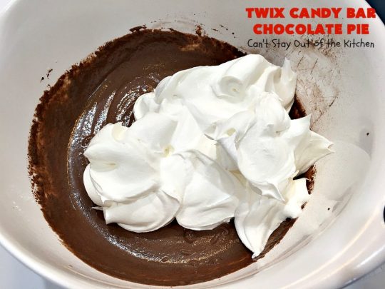 Twix Candy Bar Chocolate Pie | Can't Stay Out of the Kitchen | this luscious #ChocolatePie will rock your world! It uses only 5 ingredients including #TwixCandyBars! Amazing #dessert for #holidays or company. #pie #TwixCandyBarChocolatePie