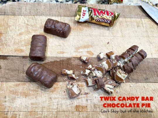 Twix Candy Bar Chocolate Pie | Can't Stay Out of the Kitchen | this luscious #ChocolatePie will rock your world! It uses only 5 ingredients including #TwixCandyBars! Amazing #dessert for #holidays or company. #pie #TwixCandyBarChocolatePie