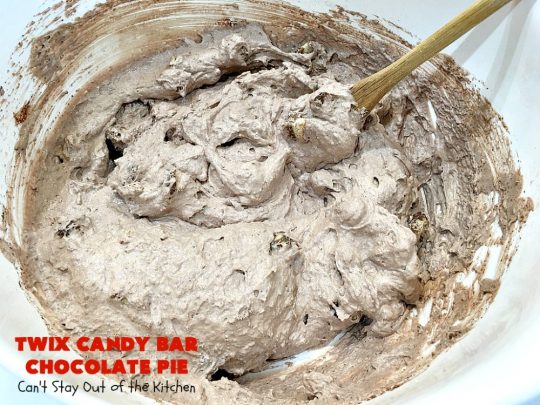Twix Candy Bar Chocolate Pie | Can't Stay Out of the Kitchen | this luscious #ChocolatePie will rock your world! It uses only 5 ingredients including #TwixCandyBars! Amazing #dessert for #holidays or company. #pie #TwixCandyBarChocolatePie