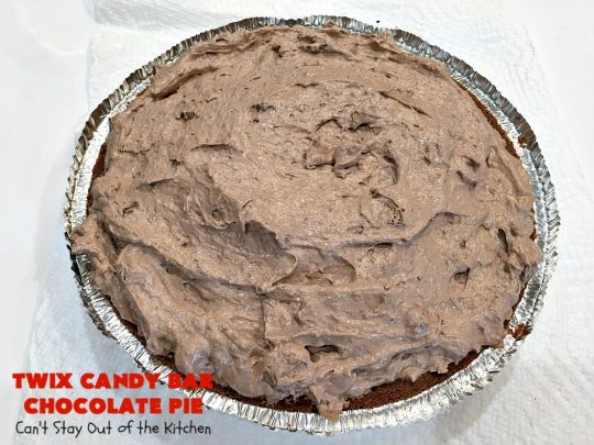 Twix Candy Bar Chocolate Pie | Can't Stay Out of the Kitchen | this luscious #ChocolatePie will rock your world! It uses only 5 ingredients including #TwixCandyBars! Amazing #dessert for #holidays or company. #pie #TwixCandyBarChocolatePie