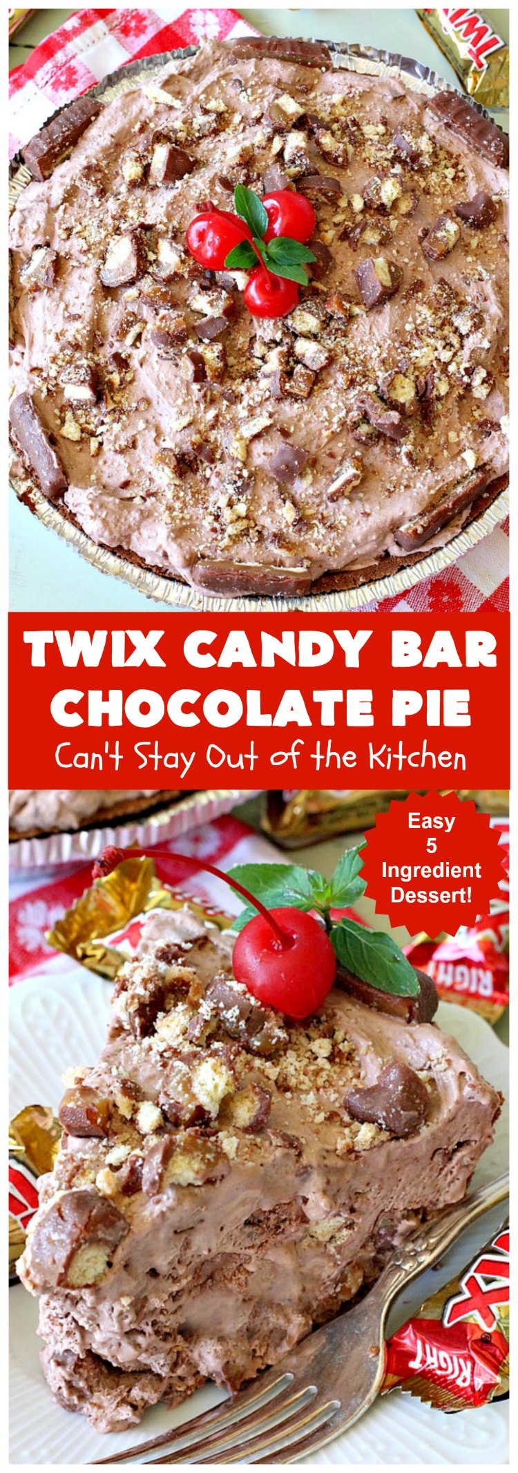 Twix Candy Bar Chocolate Pie | Can't Stay Out of the Kitchen | this luscious #ChocolatePie will rock your world! It uses only 5 ingredients including #TwixCandyBars! Amazing #dessert for #holidays or company. #pie #TwixCandyBarChocolatePie