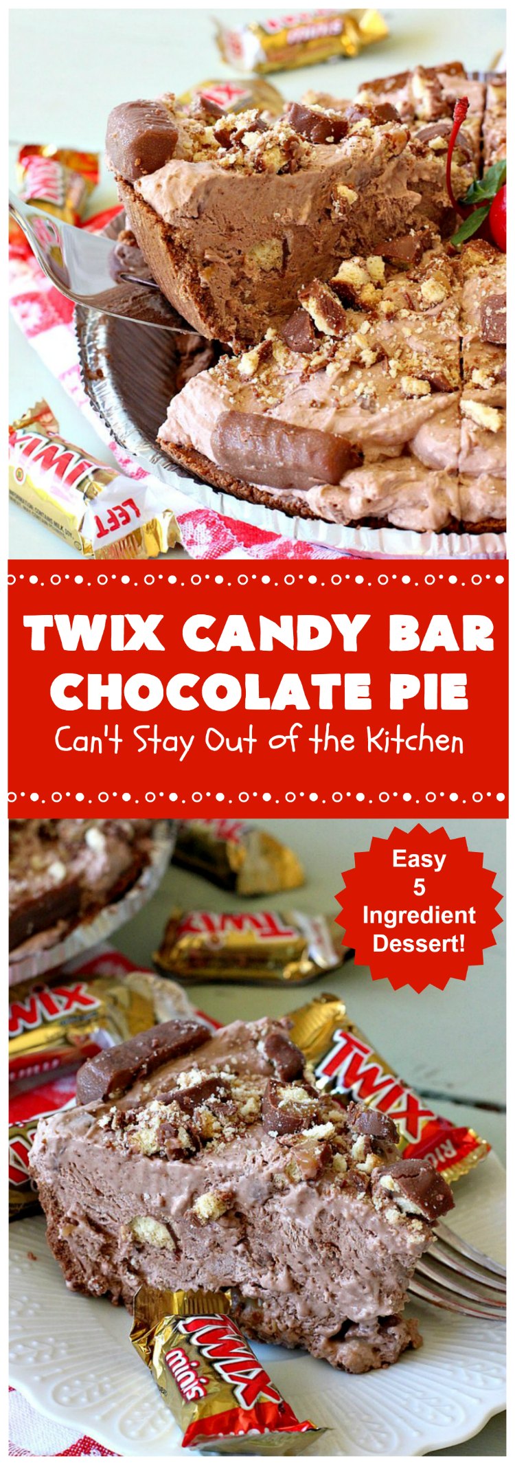Twix Candy Bar Chocolate Pie | Can't Stay Out of the Kitchen | this luscious #ChocolatePie will rock your world! It uses only 5 ingredients including #TwixCandyBars! Amazing #dessert for #holidays or company. #pie #TwixCandyBarChocolatePie