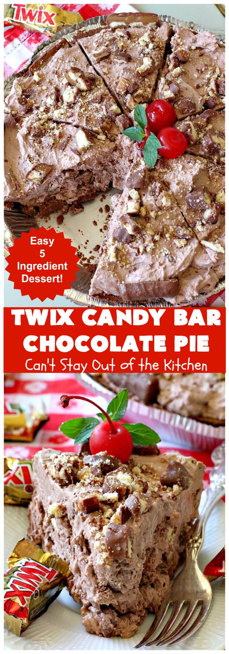 Twix Candy Bar Chocolate Pie | Can't Stay Out of the Kitchen | this luscious #ChocolatePie will rock your world! It uses only 5 ingredients including #TwixCandyBars! Amazing #dessert for #holidays or company. #pie #TwixCandyBarChocolatePie