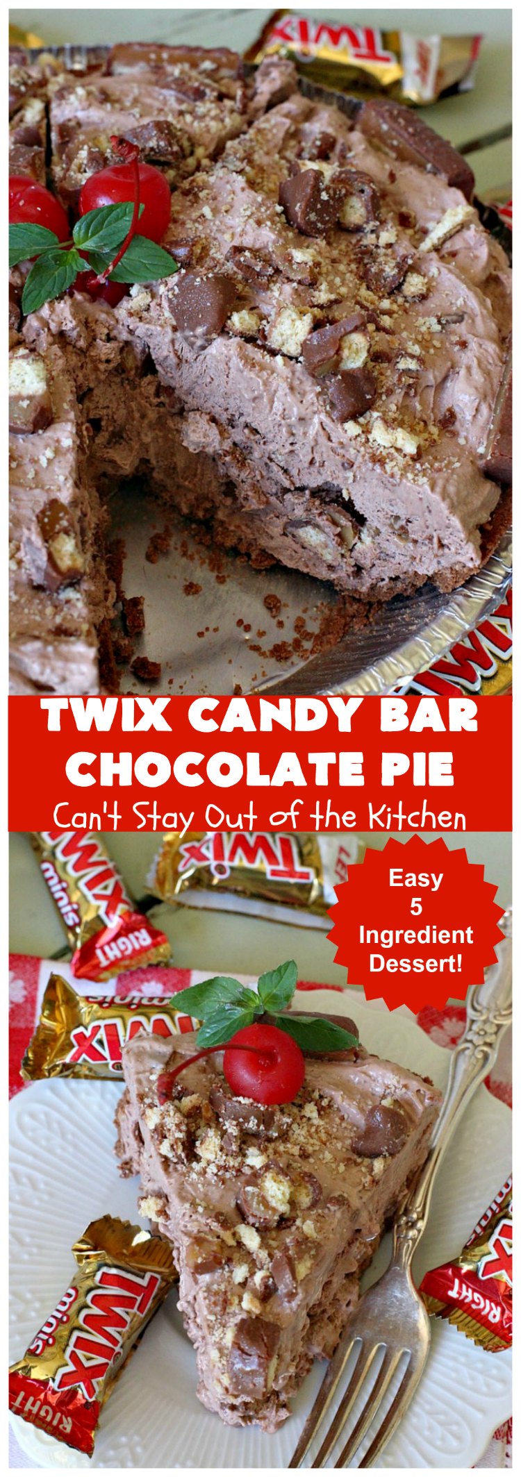Twix Candy Bar Chocolate Pie | Can't Stay Out of the Kitchen | this luscious #ChocolatePie will rock your world! It uses only 5 ingredients including #TwixCandyBars! Amazing #dessert for #holidays or company. #pie #TwixCandyBarChocolatePie