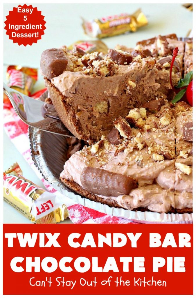 Twix Candy Bar Chocolate Pie | Can't Stay Out of the Kitchen | this luscious #ChocolatePie will rock your world! It uses only 5 ingredients including #TwixCandyBars! Amazing #dessert for #holidays or company. #pie #TwixCandyBarChocolatePie