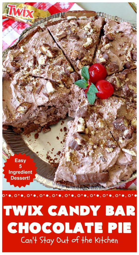 Twix Candy Bar Chocolate Pie | Can't Stay Out of the Kitchen | this luscious #ChocolatePie will rock your world! It uses only 5 ingredients including #TwixCandyBars! Amazing #dessert for #holidays or company. #pie #TwixCandyBarChocolatePie
