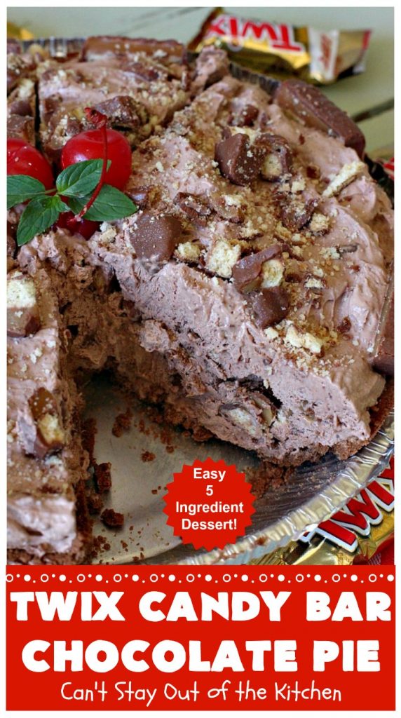 Twix Candy Bar Chocolate Pie | Can't Stay Out of the Kitchen | this luscious #ChocolatePie will rock your world! It uses only 5 ingredients including #TwixCandyBars! Amazing #dessert for #holidays or company. #pie #TwixCandyBarChocolatePie