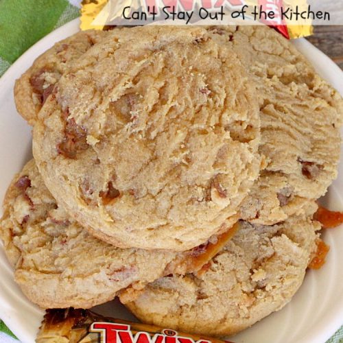Twix Candy Bar Cookies | Can't Stay Out of the Kitchen | these fantastic #cookies are to die for! They're filled with #TwixCandyBars so they have great #chocolate & #caramel taste. We gave them out for a local town Christmas celebration & hundreds of folks raved over these goodies. #dessert #Holiday #HolidayDessert #CaramelDessert #ChocolateDessert #TwixCandyBarDessert #TwixCandyBarCookies #ChristmasCookieExchange #tailgating