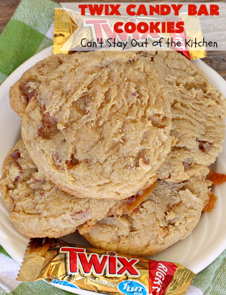 Twix Candy Bar Cookies | Can't Stay Out of the Kitchen | these fantastic #cookies are to die for! They're filled with #TwixCandyBars so they have great #chocolate & #caramel taste. We gave them out for a local town Christmas celebration & hundreds of folks raved over these goodies. #dessert #Holiday #HolidayDessert #CaramelDessert #ChocolateDessert #TwixCandyBarDessert #TwixCandyBarCookies #ChristmasCookieExchange #tailgating