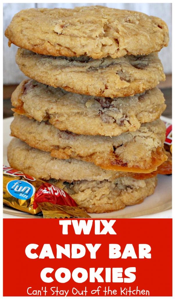 Twix Candy Bar Cookies | Can't Stay Out of the Kitchen | these fantastic #cookies are to die for! They're filled with #TwixCandyBars so they have great #chocolate & #caramel taste. We gave them out for a local town Christmas celebration & hundreds of folks raved over these goodies. #dessert #Holiday #HolidayDessert #CaramelDessert #ChocolateDessert #TwixCandyBarDessert #TwixCandyBarCookies #ChristmasCookieExchange #tailgating
