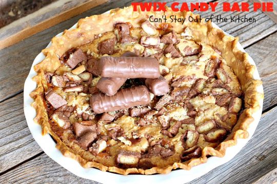 Twix Candy Bar Pie | Can't Stay Out of the Kitchen | this spectacular #pie will have you swooning from the first bite! It's filled with #TwixCandyBars so it's loaded with #chocolate & #caramel. Perfect #dessert for #ValentinesDay & other special occasions or #holidays. #ChocolateDessert #CaramelDessert #TwixCandyBarPie #TwixCandyBarDessert