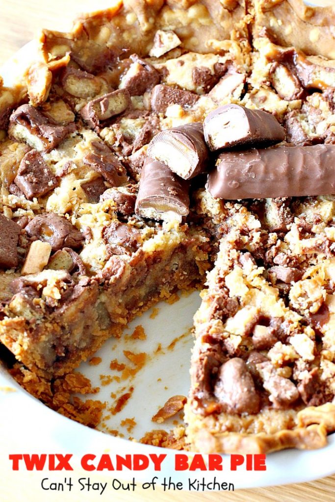 Twix Candy Bar Pie | Can't Stay Out of the Kitchen | this spectacular #pie will have you swooning from the first bite! It's filled with #TwixCandyBars so it's loaded with #chocolate & #caramel. Perfect #dessert for #ValentinesDay & other special occasions or #holidays. #ChocolateDessert #CaramelDessert #TwixCandyBarPie #TwixCandyBarDessert
