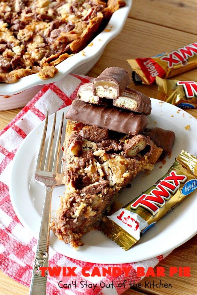Twix Candy Bar Pie | Can't Stay Out of the Kitchen | this spectacular #pie will have you swooning from the first bite! It's filled with #TwixCandyBars so it's loaded with #chocolate & #caramel. Perfect #dessert for #ValentinesDay & other special occasions or #holidays. #ChocolateDessert #CaramelDessert #TwixCandyBarPie #TwixCandyBarDessert