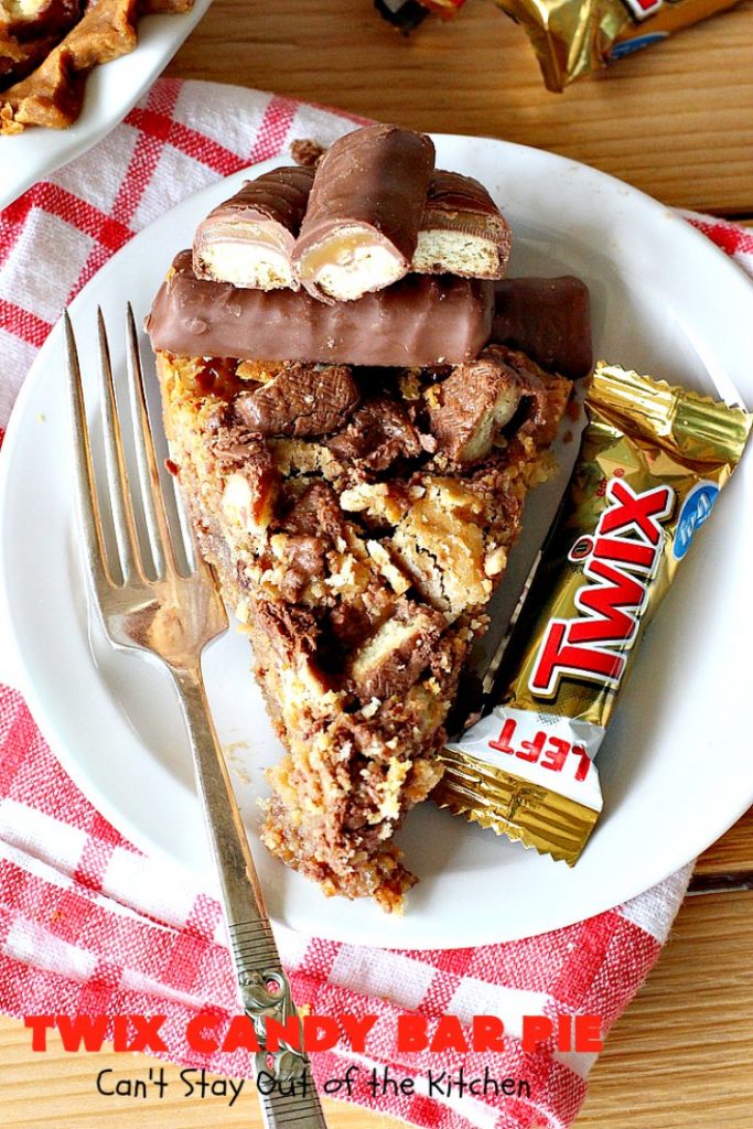 Twix Candy Bar Pie | Can't Stay Out of the Kitchen | this spectacular #pie will have you swooning from the first bite! It's filled with #TwixCandyBars so it's loaded with #chocolate & #caramel. Perfect #dessert for #ValentinesDay & other special occasions or #holidays. #ChocolateDessert #CaramelDessert #TwixCandyBarPie #TwixCandyBarDessert