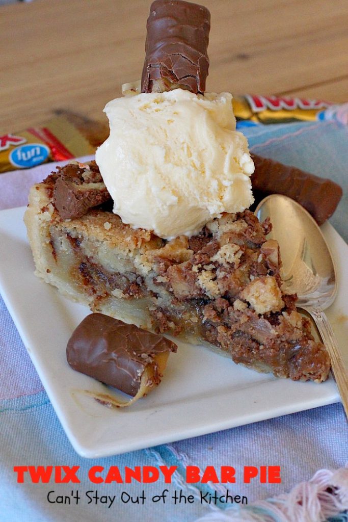Twix Candy Bar Pie | Can't Stay Out of the Kitchen | this spectacular #pie will have you swooning from the first bite! It's filled with #TwixCandyBars so it's loaded with #chocolate & #caramel. Perfect #dessert for #ValentinesDay & other special occasions or #holidays. #ChocolateDessert #CaramelDessert #TwixCandyBarPie #TwixCandyBarDessert