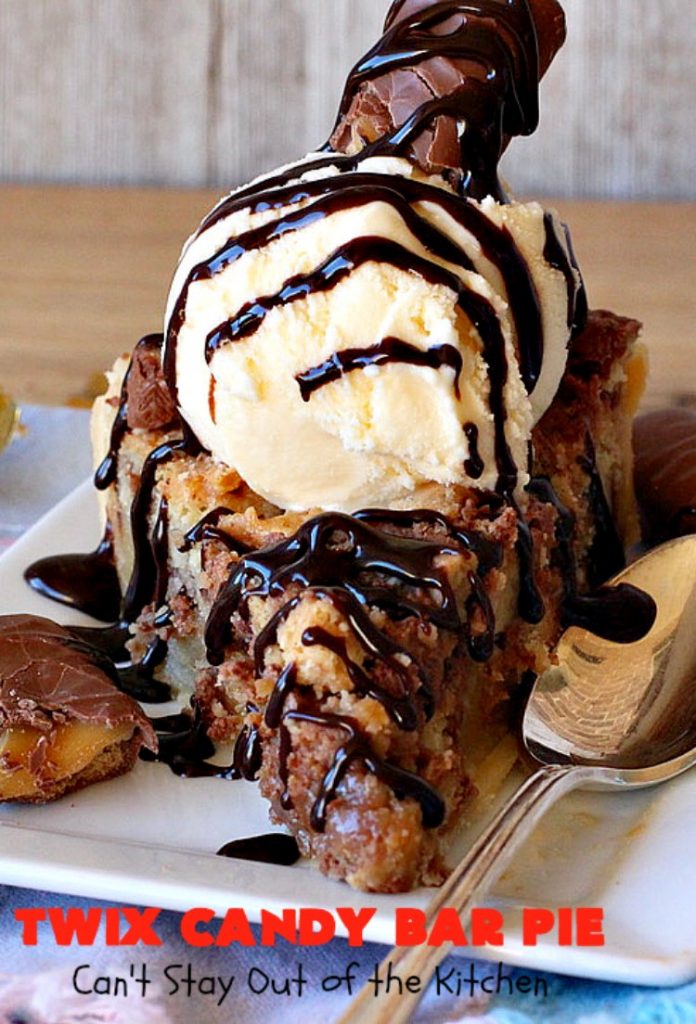 Twix Candy Bar Pie | Can't Stay Out of the Kitchen | this spectacular #pie will have you swooning from the first bite! It's filled with #TwixCandyBars so it's loaded with #chocolate & #caramel. Perfect #dessert for #ValentinesDay & other special occasions or #holidays. #ChocolateDessert #CaramelDessert #TwixCandyBarPie #TwixCandyBarDessert