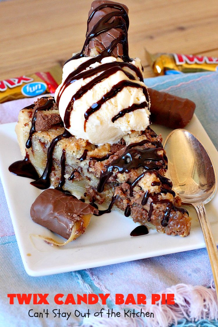 Twix Candy Bar Pie | Can't Stay Out of the Kitchen | this spectacular #pie will have you swooning from the first bite! It's filled with #TwixCandyBars so it's loaded with #chocolate & #caramel. Perfect #dessert for #ValentinesDay & other special occasions or #holidays. #ChocolateDessert #CaramelDessert #TwixCandyBarPie #TwixCandyBarDessert