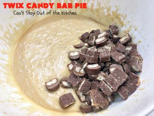 Twix Candy Bar Pie | Can't Stay Out of the Kitchen | this spectacular #pie will have you swooning from the first bite! It's filled with #TwixCandyBars so it's loaded with #chocolate & #caramel. Perfect #dessert for #ValentinesDay & other special occasions or #holidays. #ChocolateDessert #CaramelDessert #TwixCandyBarPie #TwixCandyBarDessert