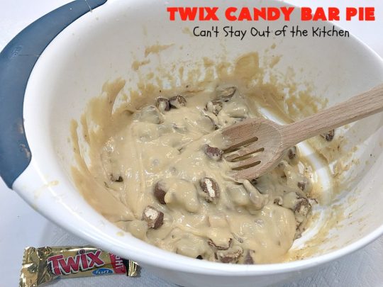 Twix Candy Bar Pie | Can't Stay Out of the Kitchen | this spectacular #pie will have you swooning from the first bite! It's filled with #TwixCandyBars so it's loaded with #chocolate & #caramel. Perfect #dessert for #ValentinesDay & other special occasions or #holidays. #ChocolateDessert #CaramelDessert #TwixCandyBarPie #TwixCandyBarDessert