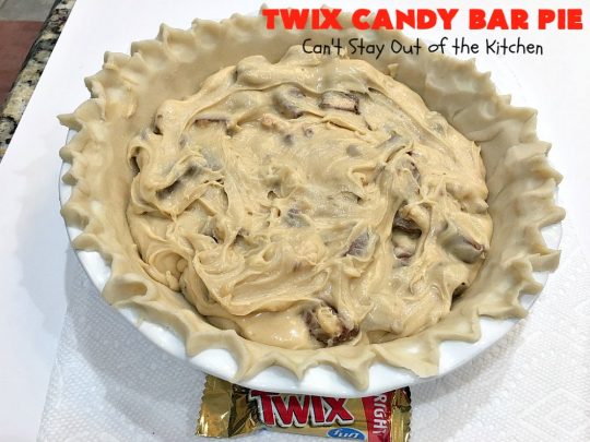 Twix Candy Bar Pie | Can't Stay Out of the Kitchen | this spectacular #pie will have you swooning from the first bite! It's filled with #TwixCandyBars so it's loaded with #chocolate & #caramel. Perfect #dessert for #ValentinesDay & other special occasions or #holidays. #ChocolateDessert #CaramelDessert #TwixCandyBarPie #TwixCandyBarDessert