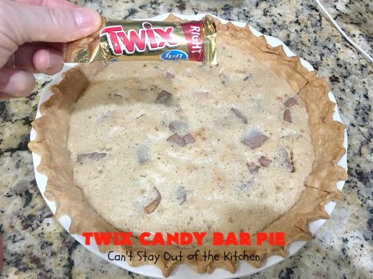 Twix Candy Bar Pie | Can't Stay Out of the Kitchen | this spectacular #pie will have you swooning from the first bite! It's filled with #TwixCandyBars so it's loaded with #chocolate & #caramel. Perfect #dessert for #ValentinesDay & other special occasions or #holidays. #ChocolateDessert #CaramelDessert #TwixCandyBarPie #TwixCandyBarDessert