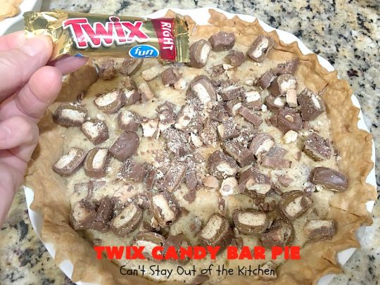 Twix Candy Bar Pie | Can't Stay Out of the Kitchen | this spectacular #pie will have you swooning from the first bite! It's filled with #TwixCandyBars so it's loaded with #chocolate & #caramel. Perfect #dessert for #ValentinesDay & other special occasions or #holidays. #ChocolateDessert #CaramelDessert #TwixCandyBarPie #TwixCandyBarDessert