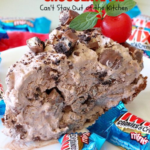 Twix Cookies 'n Cream Chocolate Pie | Can't Stay Out of the Kitchen | this luscious #ChocolatePie uses only 5 ingredients. It's so easy to make for company or #holidays. If you love #TwixCandyBars & #Oreos, you'll love this fabulous #dessert. #chocolate #ChocolateDessert #TwixDessert #5IngredientRecipe #TwixCookiesNCreamChocolatePie