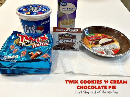 Twix Cookies 'n Cream Chocolate Pie | Can't Stay Out of the Kitchen | this luscious #ChocolatePie uses only 5 ingredients. It's so easy to make for company or #holidays. If you love #TwixCandyBars & #Oreos, you'll love this fabulous #dessert. #chocolate #ChocolateDessert #TwixDessert #5IngredientRecipe #TwixCookiesNCreamChocolatePie