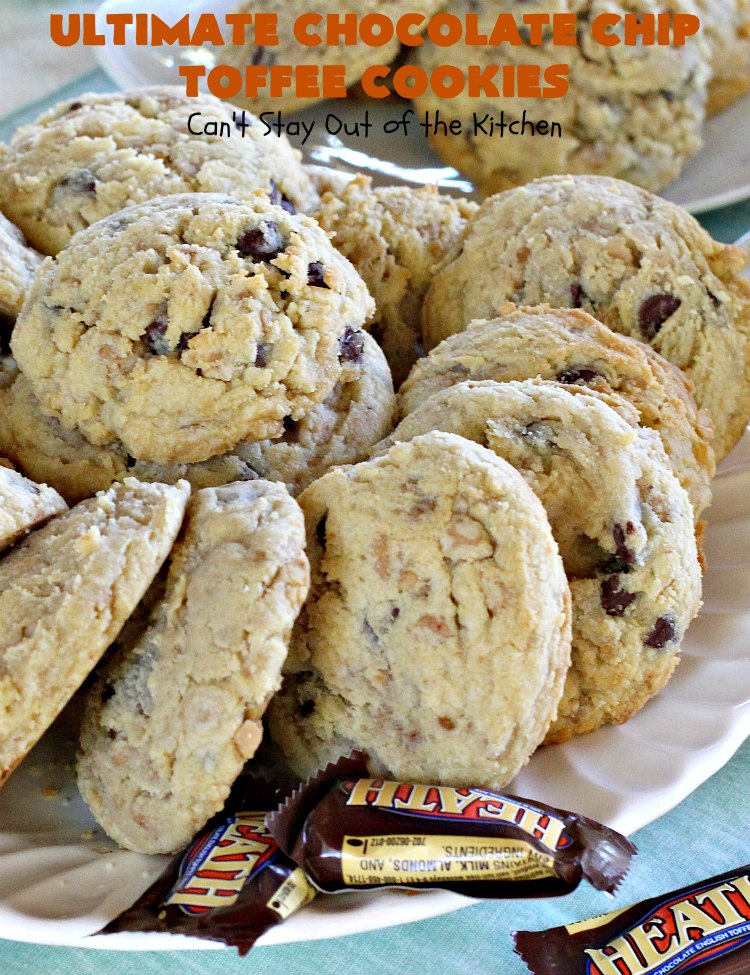 Ultimate Chocolate Chip Toffee Cookies | Can't Stay Out of the Kitchen | this spectacular #PaulaDeen #cookie #recipe is the ultimate in #ChocolateChipCookies! It's loaded with #chocolatechips & #HeathEnglishToffeeBits. It's terrific for #holiday & #Christmas #baking & parties. #ChristmasCookieExchange #toffee #chocolate #ChocolateDessert #ToffeeDessert #ChristmasDessert