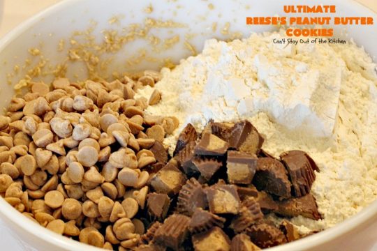 Ultimate Reese's Peanut Butter Cookies | Can't Stay Out of the Kitchen | these amazing #cookies contain double the #peanutbutter flavor with peanut butter chips & #Reeses peanut butter cups! Rich, decadent, divine #dessert that's the perfect way to use up #halloween candy. 