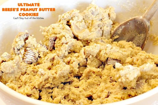 Ultimate Reese's Peanut Butter Cookies | Can't Stay Out of the Kitchen | these amazing #cookies contain double the #peanutbutter flavor with peanut butter chips & #Reeses peanut butter cups! Rich, decadent, divine #dessert that's the perfect way to use up #halloween candy. 