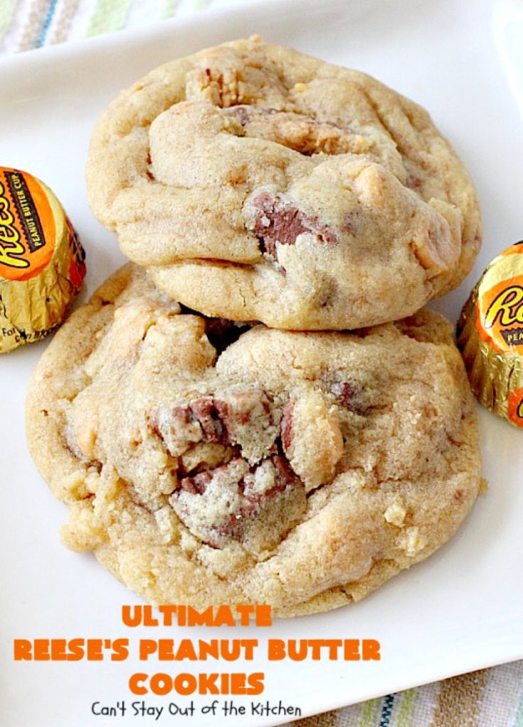 Ultimate Reese's Peanut Butter Cookies | Can't Stay Out of the Kitchen | these amazing #cookies contain double the #peanutbutter flavor with peanut butter chips & #Reeses peanut butter cups! Rich, decadent, divine #dessert that's the perfect way to use up #halloween candy. 
