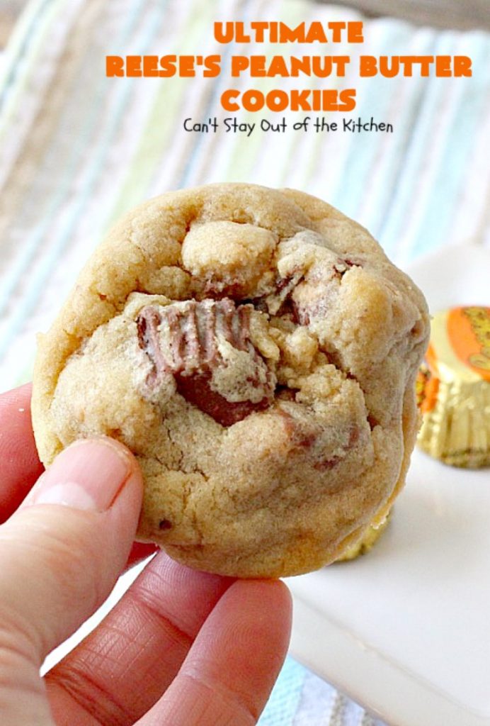 Ultimate Reese's Peanut Butter Cookies | Can't Stay Out of the Kitchen | these amazing #cookies contain double the #peanutbutter flavor with peanut butter chips & #Reeses peanut butter cups! Rich, decadent, divine #dessert that's the perfect way to use up #halloween candy. 
