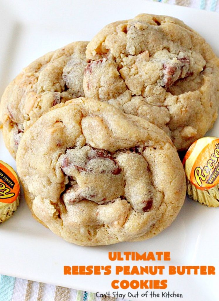 Ultimate Reese's Peanut Butter Cookies | Can't Stay Out of the Kitchen | these amazing #cookies contain double the #peanutbutter flavor with peanut butter chips & #Reeses peanut butter cups! Rich, decadent, divine #dessert that's the perfect way to use up #halloween candy. 